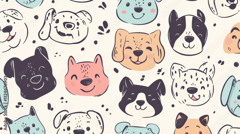 Aufkleber colorful and whimsical doodle pattern showcases cheerful dog faces, providing blank areas perfect fo