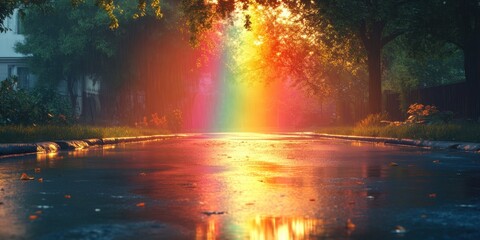 Enchanting rainbow arching over a serene, wet street after a refreshing rain shower in a peaceful neighborhood