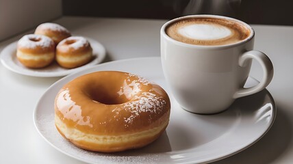 Classic glazed donuts with glossy finish, sprinkled with powdered sugar, served on a white plate with a hot cup of coffee