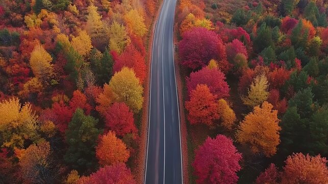 Aerial view of road through autumn forest. Fall foliage colors.