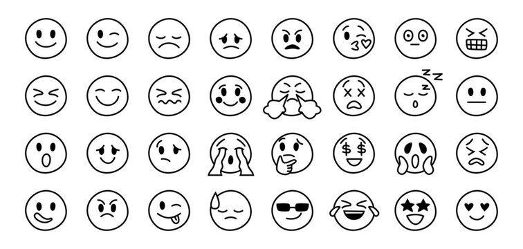 Emotions grayscale faces collection. Vector monochrome social media with different facial expressions with minimalist effect. Isolated smiling and crying, angry and happy UI interface icons