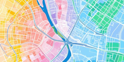 Clean and modern city map with streets, highways, and key locations marked in bright colors, with minimalist design and text space on the upper half.