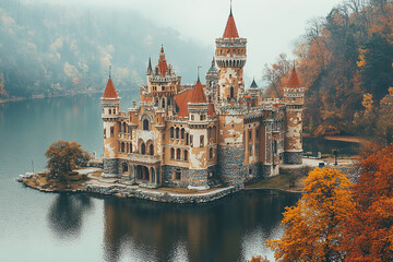 Fototapeta premium Panoramic aerial view of medieval castle located on the river bank, surrounded by dense forest and mountains. Travel concept.