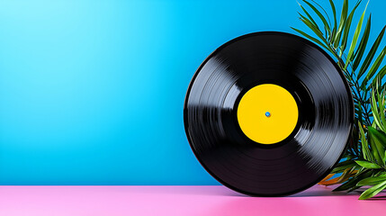 A vibrant scene featuring a black vinyl record with a yellow label, set against a blue background and complemented by a green plant.