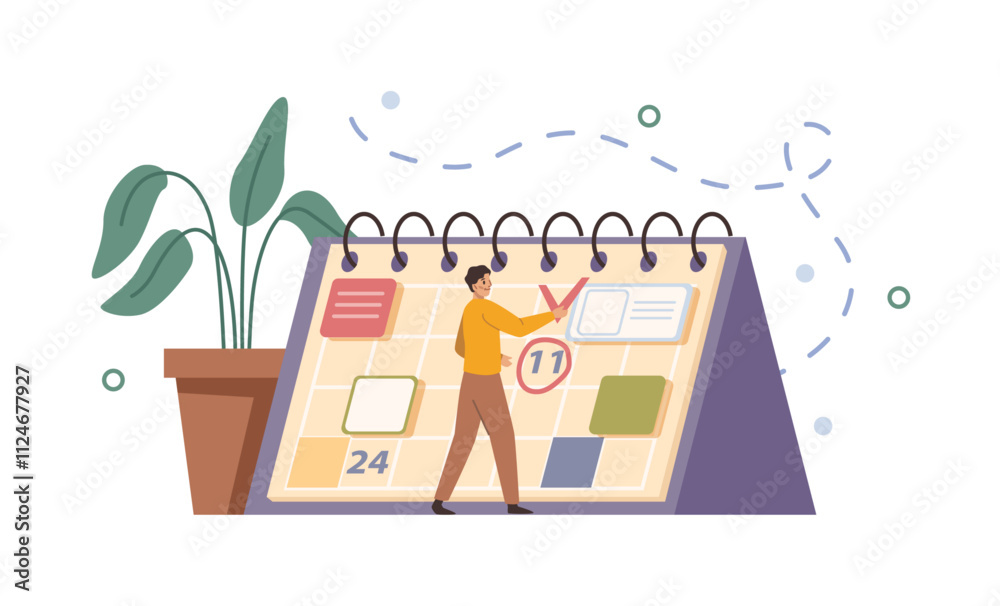 Poster male personage employee or worker setting done mark on calendar or planner with tasks. vector isolat