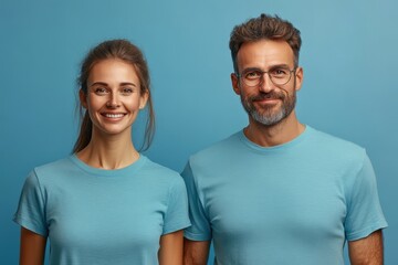 Fototapeta premium Smiling couple poses together in matching blue shirts against a solid background