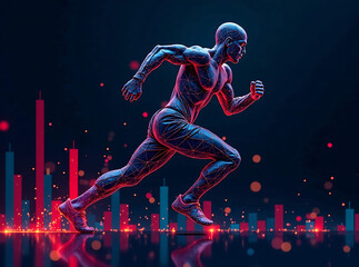 Geometric shapes forming a dynamic athlete figure, overlaid with digital stock market graphs, symbolizing sports business growth- Generative Ai 