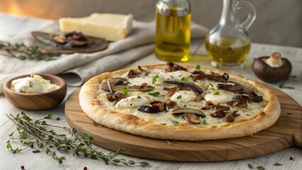 Rustic mushroom pizza served on a wooden board with olive oil