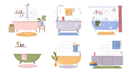Bath collection, isolated tubs full of foam with bubbles. Vector bathroom interior. Comfortable equipment for bathing and relaxing. Cosmetics and plants, towels and shampoo bottles with washcloth
