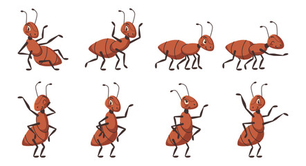 Cartoon ants, isolated insects with smiling expressions. Vector mascot bugs running and standing. Formicidae social creatures in action poses. Fauna and environment. Ecosystem and zoology © Sensvector