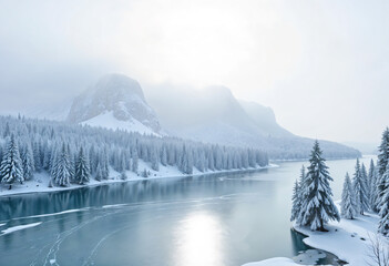 Naklejka premium Snow-capped peaks towering against a clear blue sky, with a pristine snowy landscape below, pine trees dotting the scene, and a frozen lake reflecting the mountains