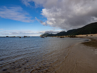Trengandin beach, in Noja (Cantabria). Cantabrian Sea. Rocks on the beach.