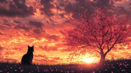 A Solitary Cat Witnessing the Tranquil Beauty of a Pink Sakura Tree Against a Dramatic Sunset Sky.