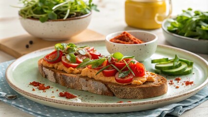 Vegan Bruschetta with Vegetables on Rustic Ceramic Plate