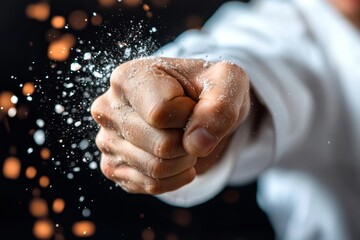 Karate practitioner demonstrates powerful punch while breaking board in training session