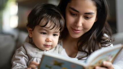 Obraz premium A young woman with long dark hair sits with a toddler On her lap reading a children? book together.