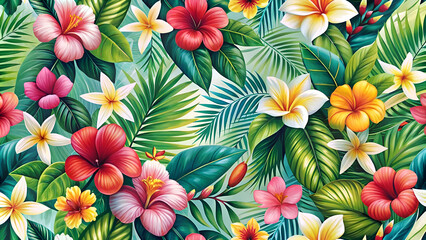 Vibrant Tropical Flowers and Leaves Pattern