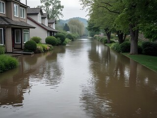 Obraz premium Houses in the neighborhood flooded with brown dirty water due to heavy rain and clog drainage system