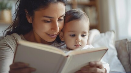 Obraz premium A woman with dark hair and a white top is reading a book to a baby who is sitting On her lap.
