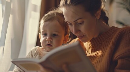 Obraz premium A woman in an orange sweater reads a book to a toddler-age child in a cozy setting.