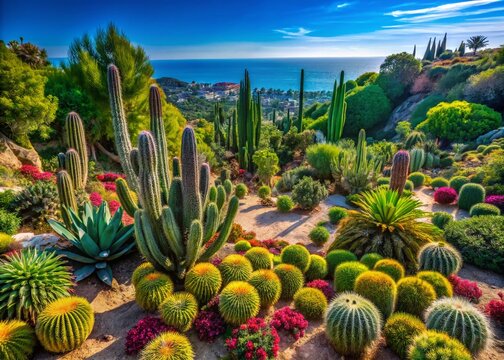 Aerial View of Lush Cactus Garden in Blanes, Spain Featuring Diverse Plants and Vibrant Pinya de Rosa Landscape for Nature and Garden Enthusiasts
