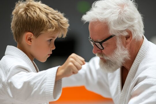 Elderly instructor teaches young student the basics of karate in a martial arts dojo setting during a training session