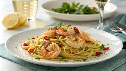 Vibrant Shrimp Scampi Linguine Garnished with Herbs and Red Peppers