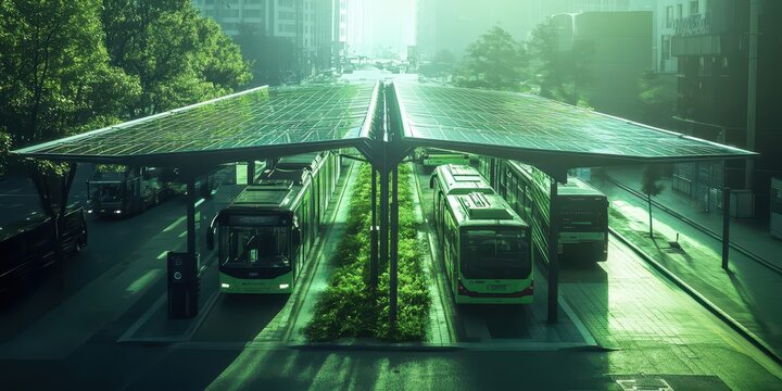 Green energy bus station with solar-powered shelters and electric buses in an urban setting. - Powered by Adobe