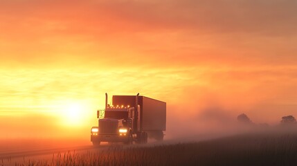 Fototapeta premium A semi-truck drives along a highway with a golden sunset in the background.