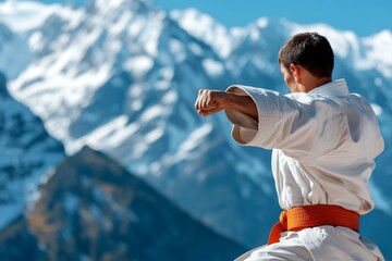 Karate practitioner demonstrates stance against stunning mountain backdrop during clear weather