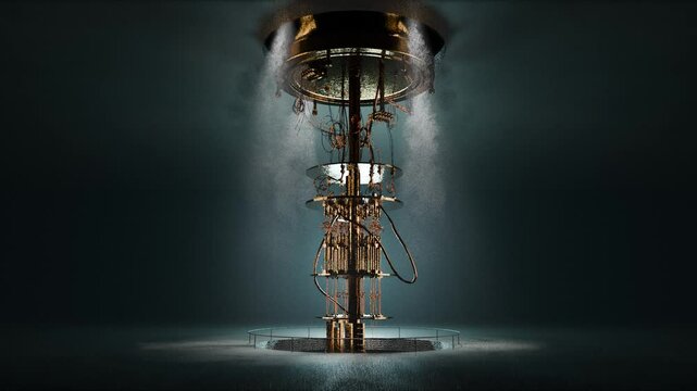 A huge quantum computer in a laboratory with cooling, 3D model