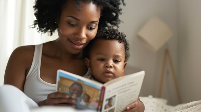 A young black mother is reading a children's book to her baby.