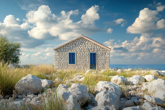 A small stone house on the island of Durak in Croatia, surrounded by rocks and grasses under a blue sky with clouds. The structure is simple yet charming, featuring two windows.
