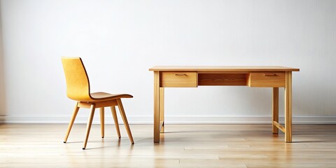 Wooden Desk Chair White Background Isolated Office Furniture Home Study Workstation Simple Design