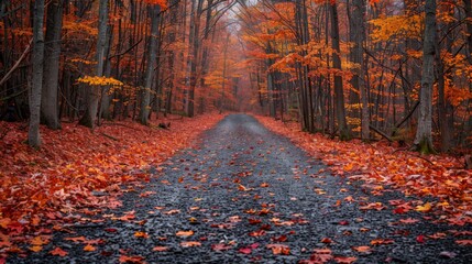 Fototapeta premium Autumn pathway forest trail nature photography vibrant fall colors ground level scenic tranquility