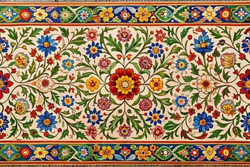 Aerial View of Magnificent Mughal Era Flowery Border Pattern Showcasing the Rich Decorative Heritage of India in an Intricate Continuous Design