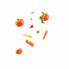 An array of vibrant vegetables, including bell peppers, tomatoes, and leafy greens, captured mid-flight,