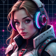 Stylish young woman with long blonde hair, wearing futuristic armor and glowing headphones. Close-up portrait. Retro vibe.