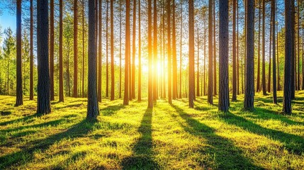 Fototapeta premium Serene Woodland Wonderland: A Majestic Sunset Landscape