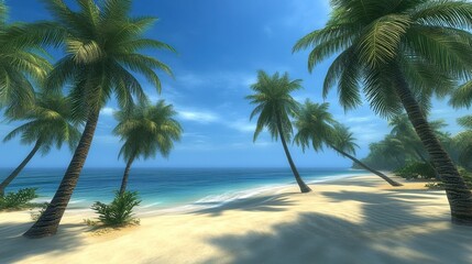 Obraz premium Tropical Beach Paradise with Swaying Palm Trees and Crystal Clear Waters