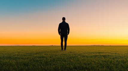 football coach passion concept. A lone figure stands in a vast field at sunset, silhouetted against a colorful sky, evoking a sense of solitude and contemplation.