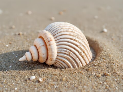 Closeup of seashell at the light brown beach sand