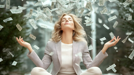 Happy young business woman meditating under money rain falling down cash