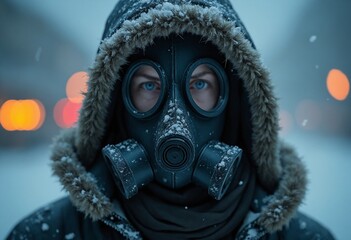 Person wearing a gas mask and a fur-lined hood in a snowy nuclear landscape with orange and yellow lights in the background