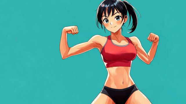 Sport woman character flexing muscles on green screen