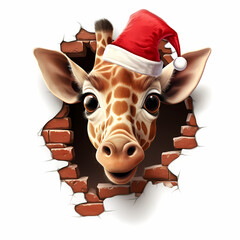 Cute giraffe in a Santa hat peeking through a cracked brick wall. Watercolor illustration on white background
