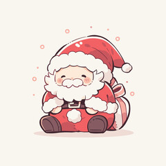 Adorable Chibi Santa Claus with Festive Gift Bag Illustration. Cute Santa Vector.