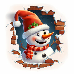 Cheerful snowman with carrot nose and Santa hat peeks through cracked brick wall. Christmas Watercolor illustration on white background