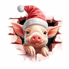 Adorable piglet wearing Santa hat peeks through a cracked brick wall in a festive Christmas themed illustration. Watercolor illustration on white background