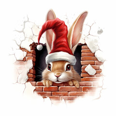 Adorable bunny wearing a Santa hat peeks through a cracked brick wall in a festive Christmas illustration.